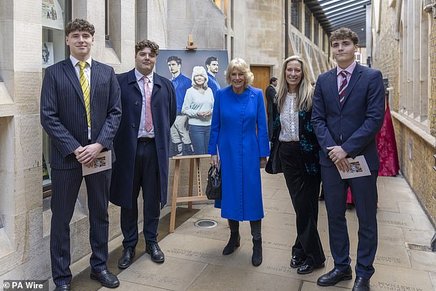Queen Camilla with the daughter of Dame Jilly Cooper, Emily Tarrant (second right) and her sons Lysander (far left), Jago (second left) and Acer (right)