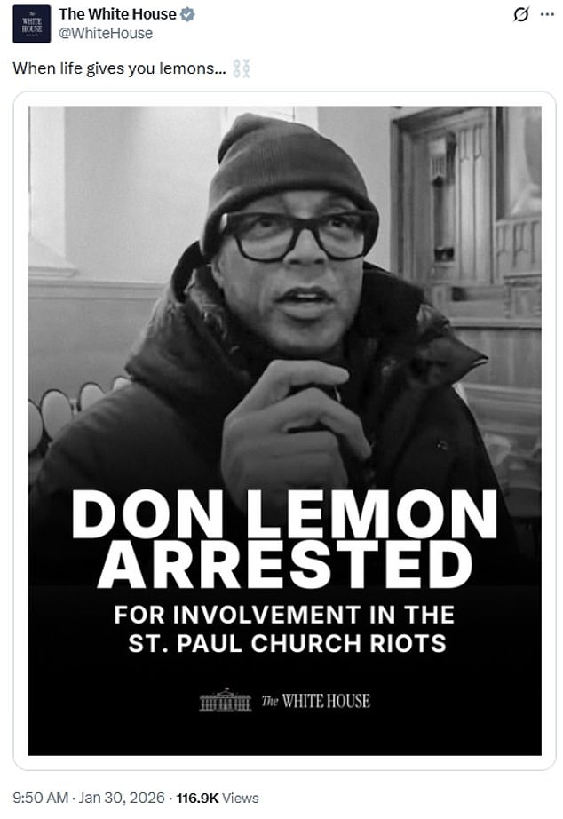 The White House mocked Lemon after he was arrested writing: 'When life gives you lemons...'