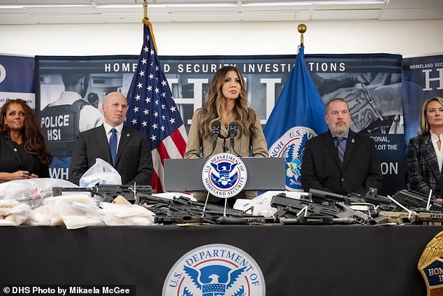 David Easterwood, a pastor at Cities Church in St Paul (center left) and ICE field office director, seen alongside Homeland Security Secretary Kristi Noem at a press conference in October. Earlier this month, his church was targeted by anti-ICE protests joined by Lemon