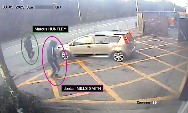 Huntley (left) and Jordan Mills-Smith (right) returning to the car after murdering Ms Penney