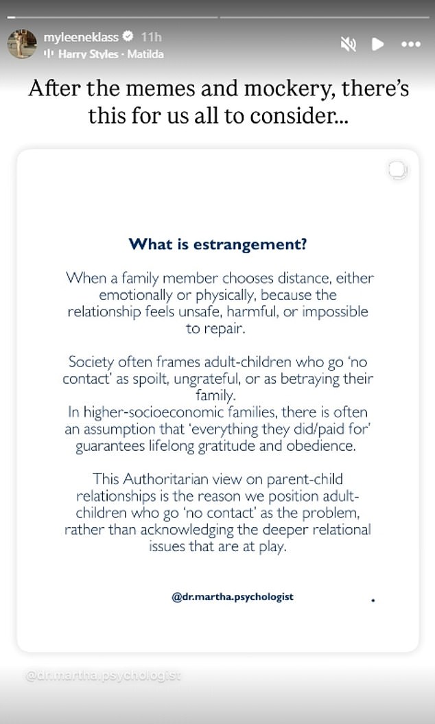 Myleene posted this explanation about family estrangement from Clinical Psychologist Dr Martha Deiros Collado, who directly referenced the Beckhams