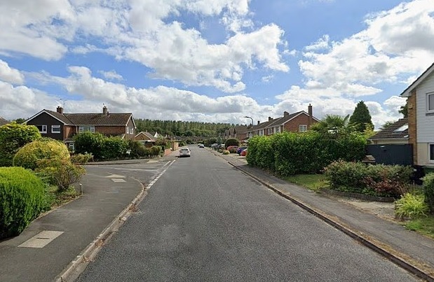 A street lined with houses and parked cars under a partly cloudy sky.