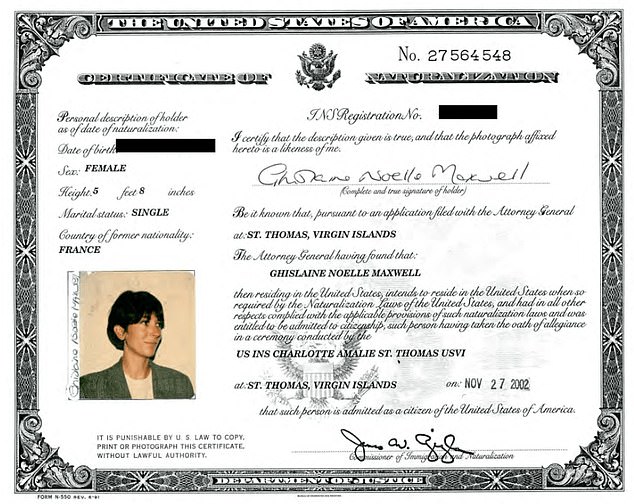The sex trafficker's citizenship certificate was also included, which stated her residence as Epstein's island, Little Saint Thomas