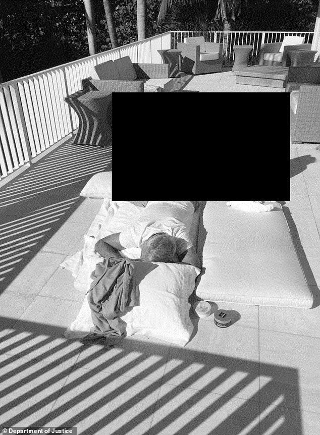 Epstein relaxing on a terrace in a redacted photograph from an undisclosed location