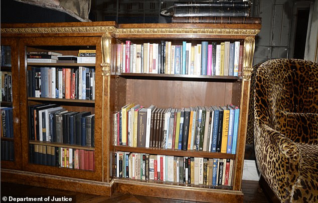What appears to be Epstein's bookshelf, next to a cheetah-print-upholstered chair