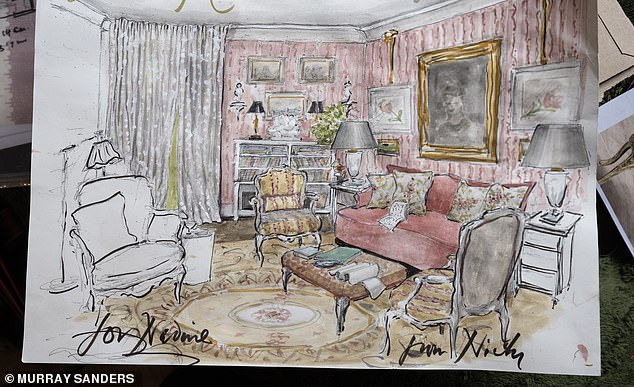 Nicky's  exquisite hand-painted picture shows his vision for what Nadine's bland box of a sitting room will become