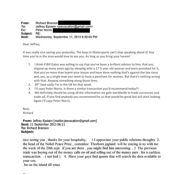 In the email correspondence, from September 11, 2023, Mr Branson offered public relations advice and reminisced about meeting up