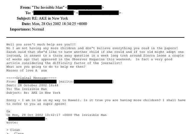 In an email exchange in October 2002, believed to be between Maxwell and Andrew, the former prince denies he plans to have any more children before signing off 'masses of love'