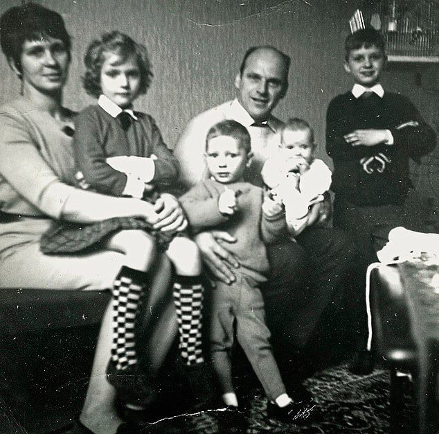 Astrid as a baby in a family photo from 1966, with Wim on the far right