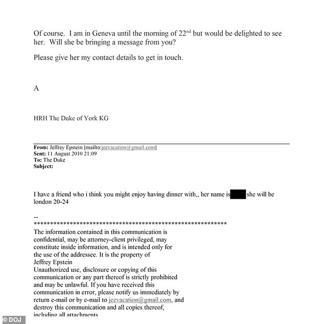 Epstein had offered to set up a dinner for Andrew with a 'clever, beautiful and trustworthy' 26-year-old Russian woman, saying: 'She has your email.' The prince, who would have been 50 at the time, replied that he would be 'delighted to see her'. And he cheerfully asked the convicted child sex predator, whose house arrest had finished just days earlier: 'Good to be free?'