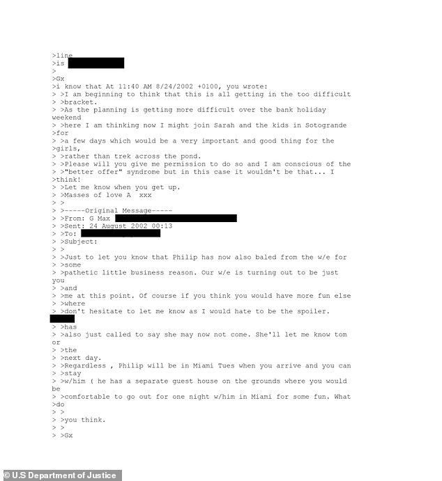 The email exchange between an address named 'The Invisible Man' and Maxwell in August 2002 show the pair talking about organising a weekend together on 'the Island'
