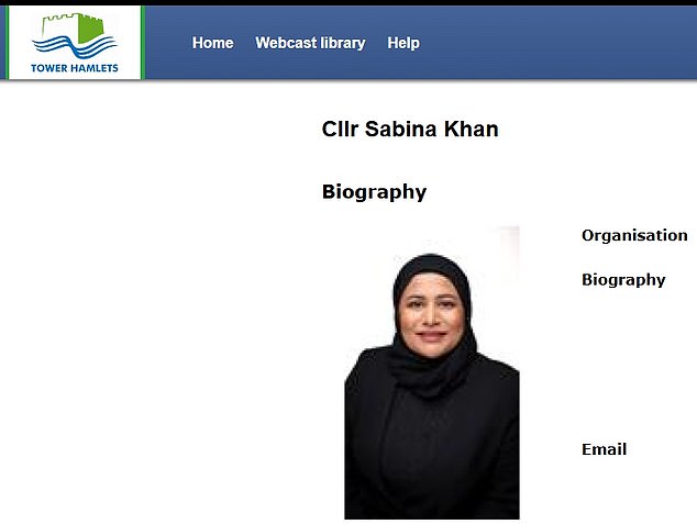 Ms Khan (pictured, her profile on the council website) is understood to have gone to the Asian country - with which, like many of her London constituents, she has family connections - in an attempt to get adopted as a parliamentary candidate