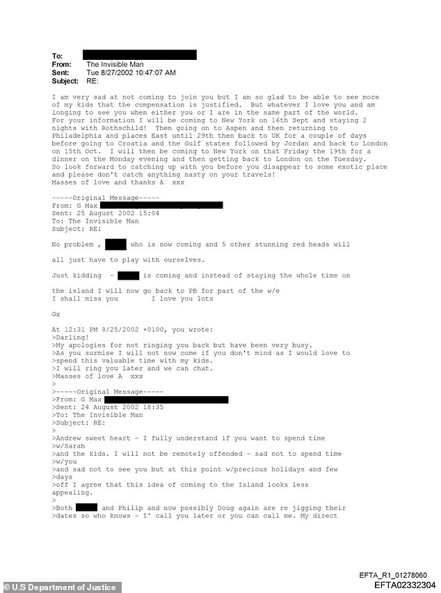 Other emails between Andrew and Ghislaine Maxwell reveal he told her 'I love you and am longing to see you'