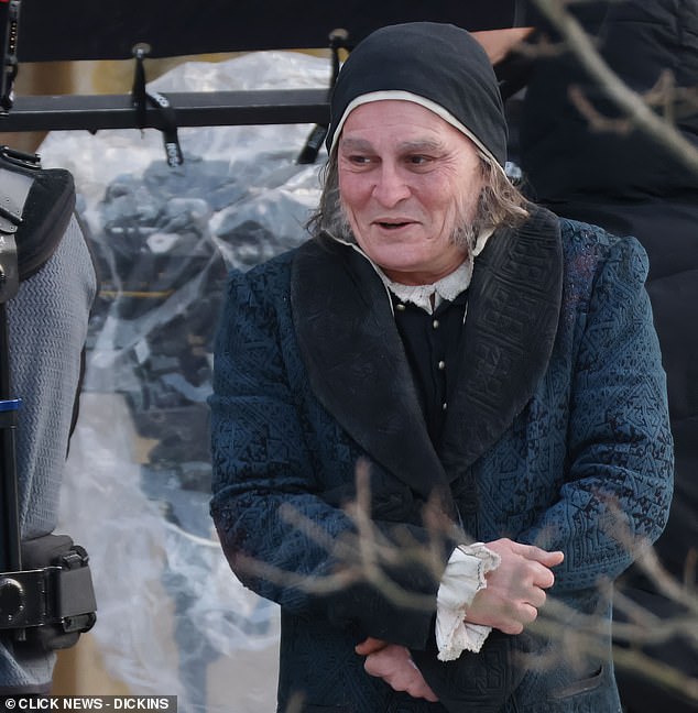 Exclusive pictures reveal that the star is back on set as Charles Dickens' anti-hero, Ebenezer Scrooge, in a new adaptation of A Christmas Carol