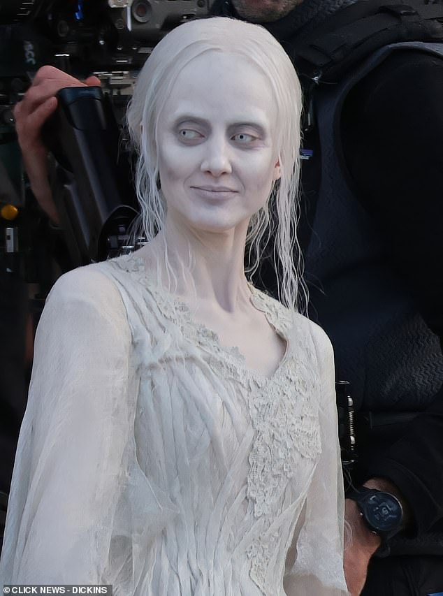 Riseborough, 44, who stars as the ghost of Christmas past, wore an ephemeral white gown, a white wig and appeared to have white contact lenses in her eyes to complete the ghostly effect