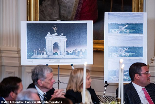 Artist diagrams of the planned Triumph Arch are seen at a dinner with Trump in October 2025 to raise money for his ballroom extension in the East Room of the White House