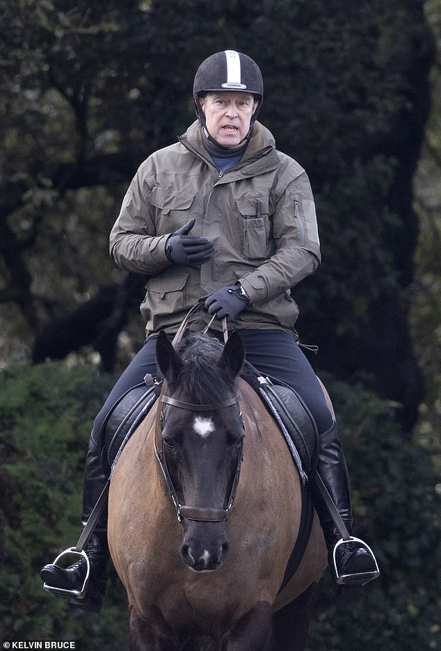 Andrew Mountbatten-Windsor leaves Royal Lodge for a ride in Windsor Great Park on January 31