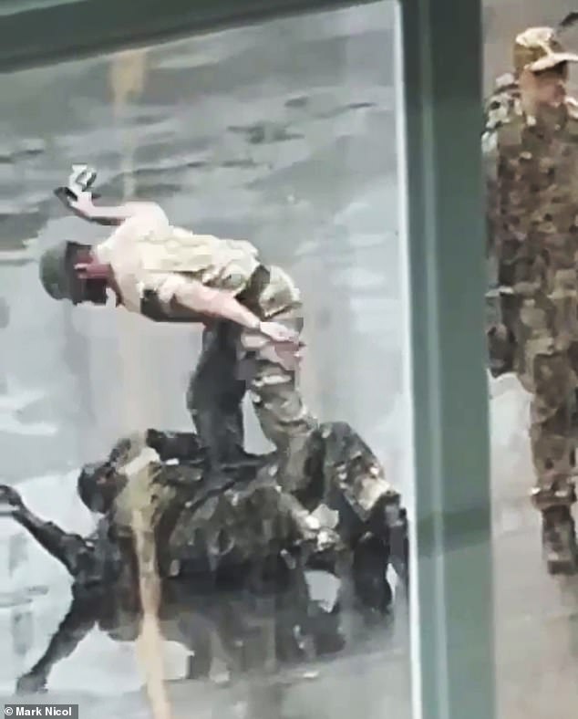 The Non-Commissioned Officer (NCO) was first seen forcing the junior soldier to lie in a puddle and do press ups.