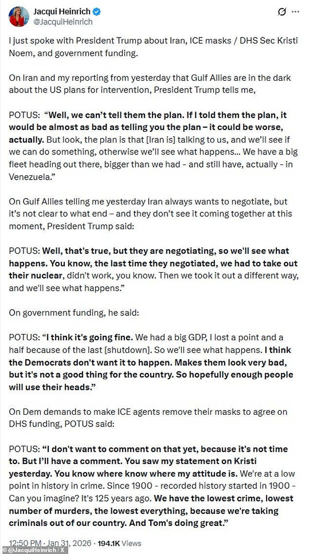 Trump told Heinrich that his goal is to force Iran into a deal.