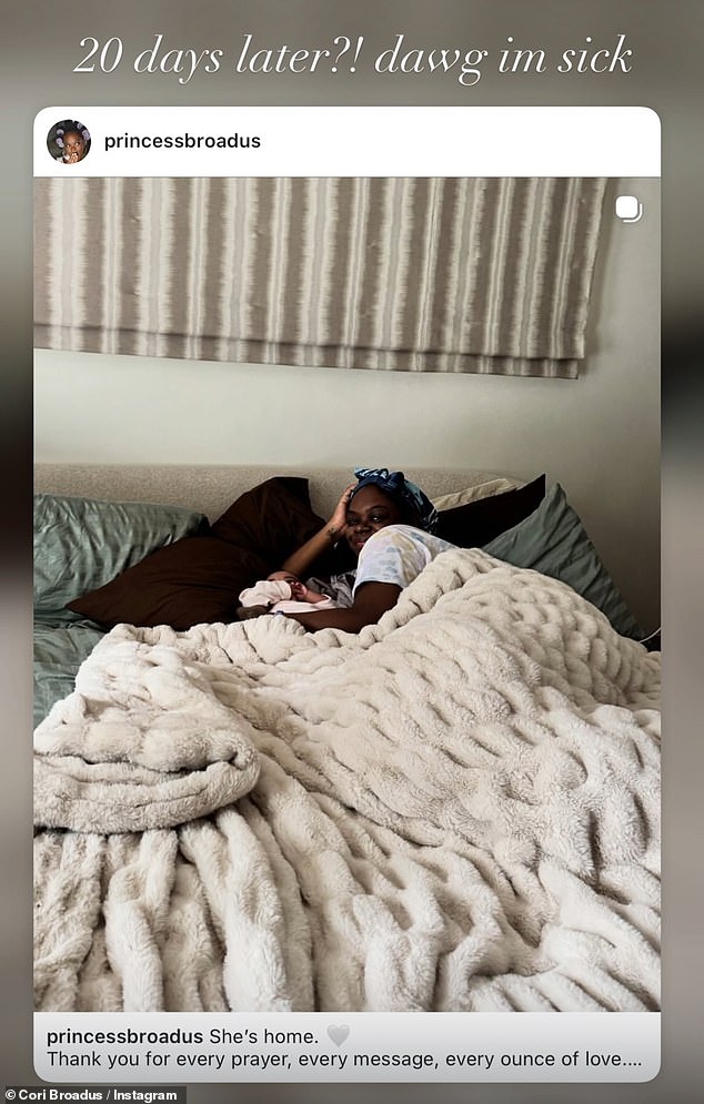 She then reshared her Instagram update from the beginning of the month about Codi coming home from the hospital, commenting: '20 days later?! dawg im sick'