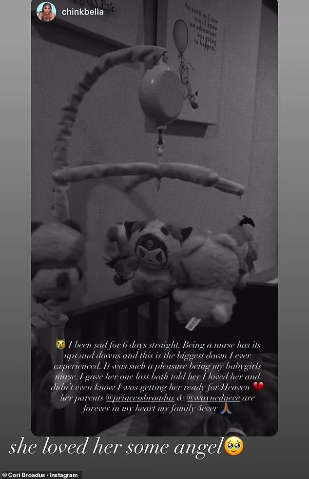 Cori re-shared a post by her baby's nurse, who posted a video of a mobile spinning over Codi's crib along with her own reflections on the tragedy