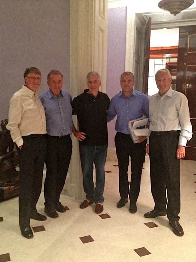 Epstein (centre) with billionaire Bill Gates (far left). Sir Richard wrote that if the Microsoft founder was willing to vouch for him that would help Epstein's rehabilitation