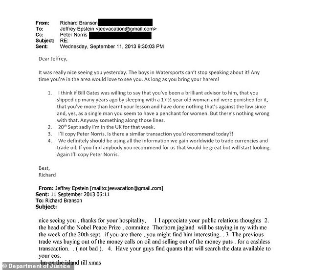 In an email exchange uncovered in the files, Sir Richard told Epstein to ¿bring his harem¿ the next time they met