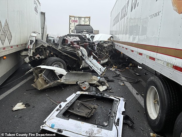 The highway looked like a scrapyard, with crushed sedans wedged beneath towering semi-trucks and debris strewn across every lane