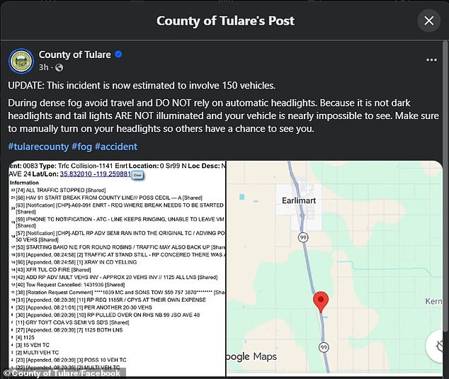 California Highway Patrol confirmed that 59 vehicles were involved, though early estimates from county officials suggested the number could be as high as 150