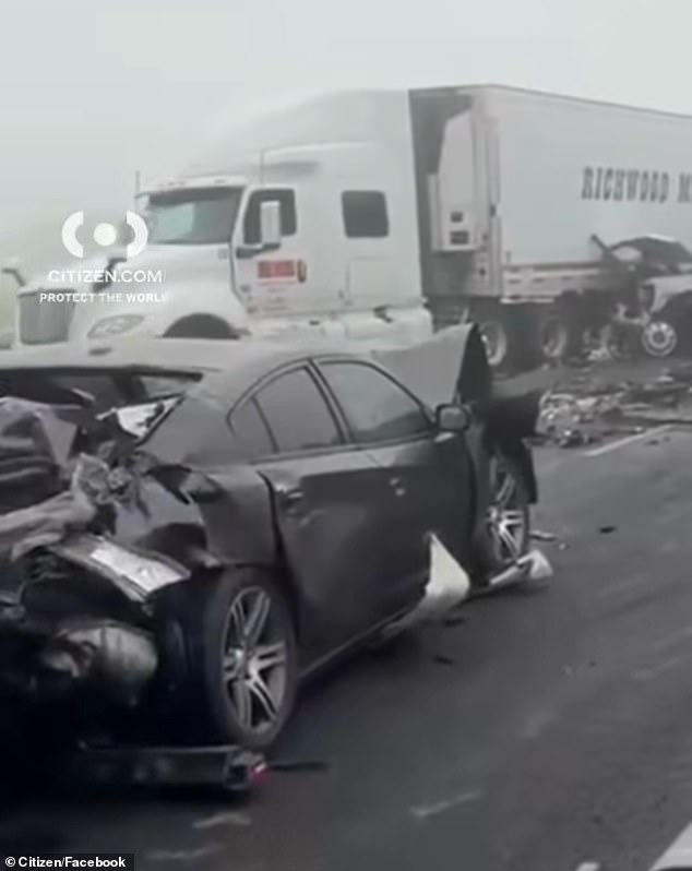 The crumpled wreckage of up to sixty cars appeared to scatter the highway in both directions