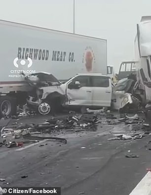 Cars were flattened beneath tractor-trailers, windshields shattered, doors torn off, and mangled frames piled against concrete barriers