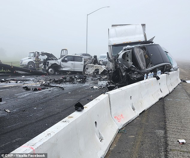 The force of the collisions drove cars and trucks into the concrete divider, leaving frames bent and compacted against the wall