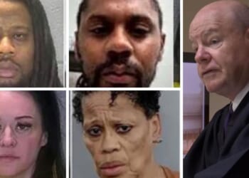 The four suspects at left were arrested in connection with the Sunday shooting of Judge Steven Meyer, right.