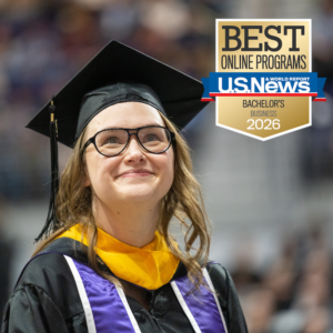 Student graduating with U.S. News and World Report Badge