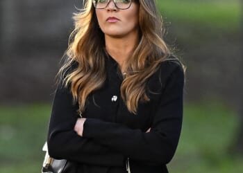 Hannah Greenhalgh, widowed just three months after her wedding in Las Vegas to Ryanair pilot Matt Greenhalgh, pictured outside earlier hearing at Warrington Magistrates' Court