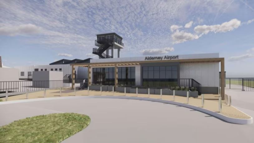 Illustration of the Alderney Airport terminal building and control tower.