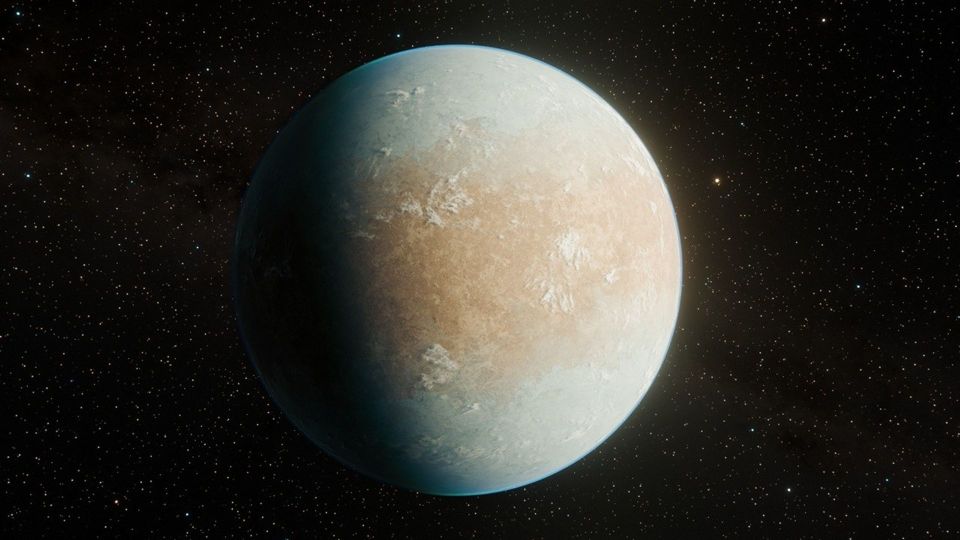 Illustration of an exoplanet, TRAPPIST-1e, appearing as a cold Earth in space.