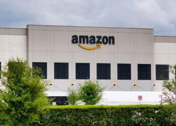 An Amazon warehouse facility storefront exterior in Houston, Texas, on April 4, 2021.