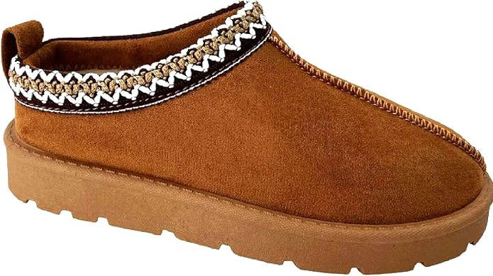 Brown suede slipper with embroidered trim.