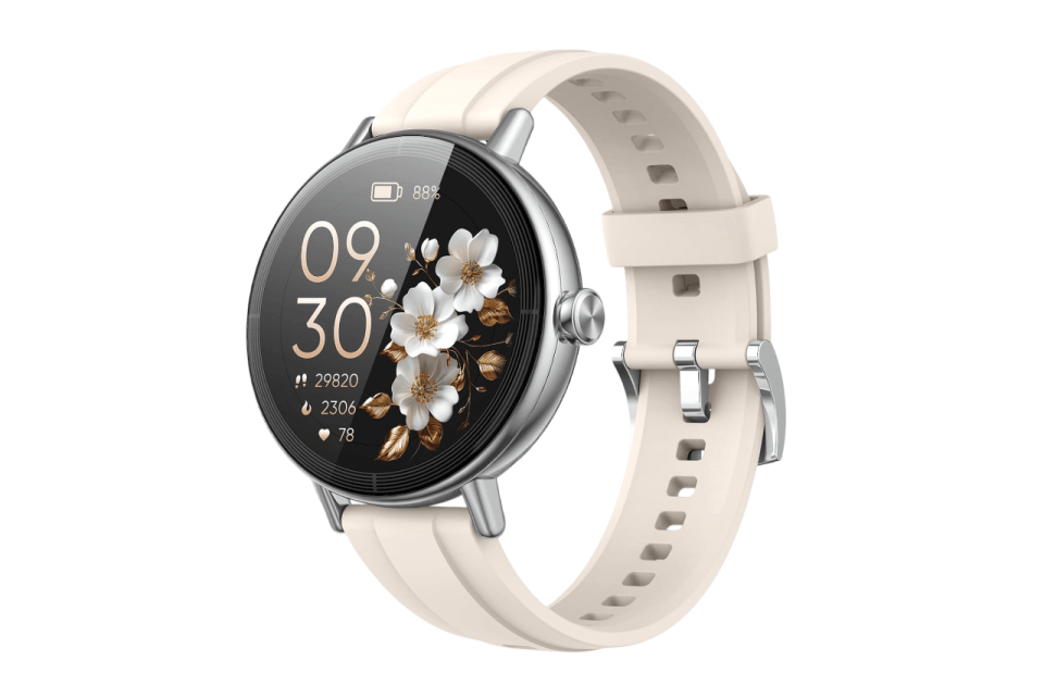 Smartwatch with a cream band and a floral watch face showing the time 9:30 and fitness metrics.