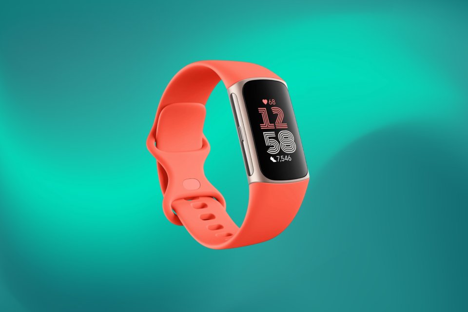 Fitbit Charge 6 in coral on a teal background.