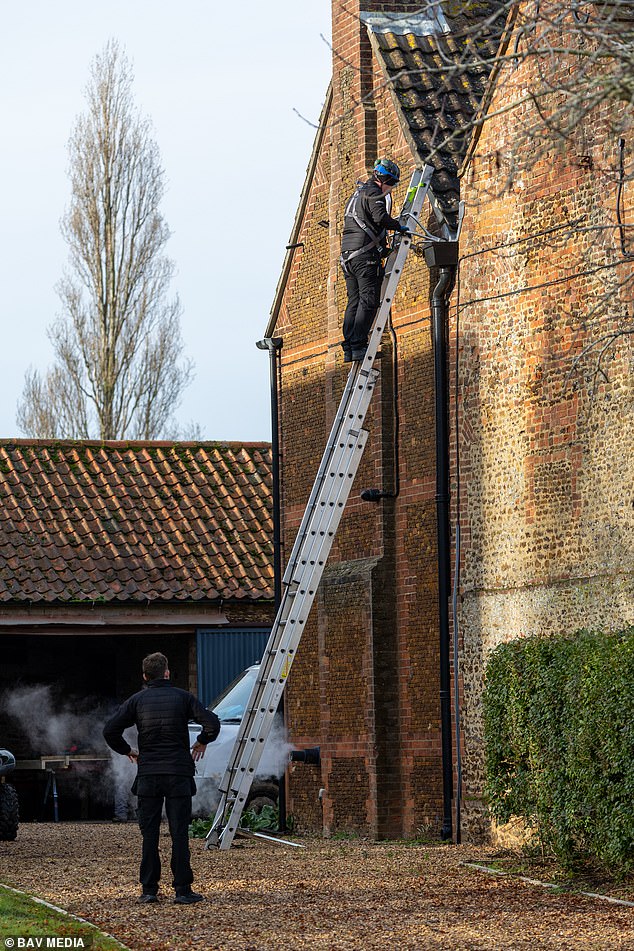 A Sky engineer up a ladder against the wall of Marsh Farm. The technicians were wearing uniforms with Sky VIP written on them