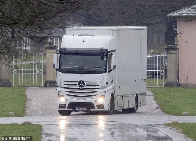 A removal lorry leaves Andrew's Royal Lodge in Windsor this week