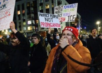Anti-ICE activists march during a protest at the U.S. Immigration and Customs Enforcement facility on Jan. 9, 2026, in Portland, Oregon.