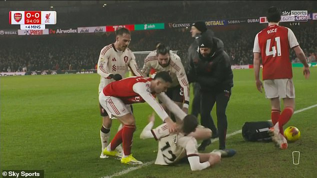 Martinelli shoved injured Conor Bradley off the pitch during Arsenal's match against Liverpool
