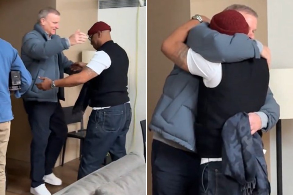 Collage of two men hugging, one in a blue puffer jacket and the other in a black vest and red beanie.