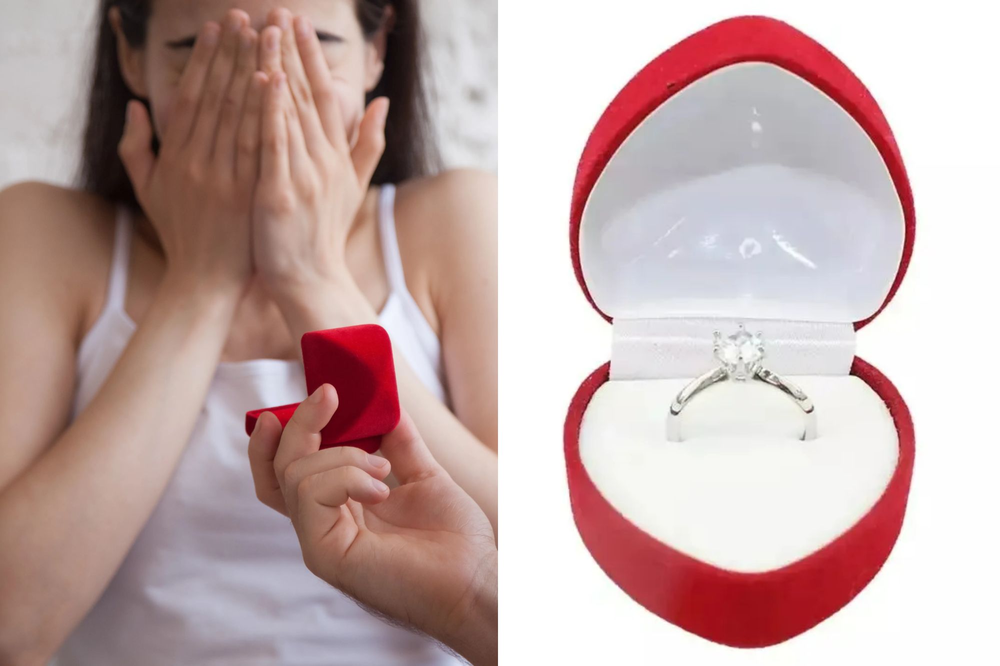 An image collage containing 2 images, Image 1 shows A man holding a red ring box proposing to a woman covering her face, Image 2 shows A silver engagement ring with a clear stone, displayed in an open red heart-shaped box