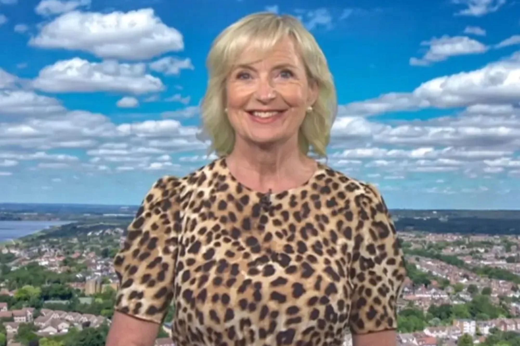 An image collage containing 1 images, Image 1 shows Carol Kirkwood in a leopard print dress