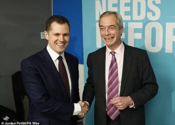 Former Tory MP and justice spokesman Robert Jenrick after defecting to Reform UK, pictured with leader Nigel Farage on Thursday
