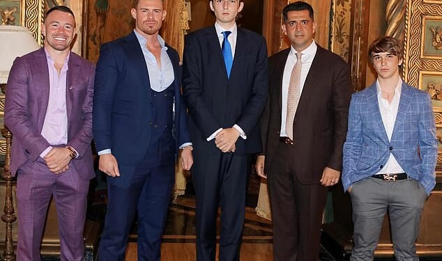 Barron Trump with influencer Justin Waller (second from left), UFC fighter Colby Covington (far left), podcast host Patrick Bet-David (second from right) and Barron's best friend Bo Loudon